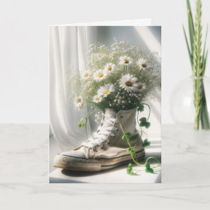 Tarjeta Ramo de margaritas de cumpleaños en una zapatilla