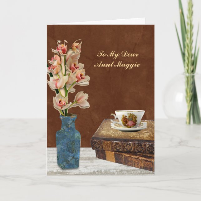 Tarjeta Ramo de orquídeas con libros y taza Cumpleaños (Anverso)