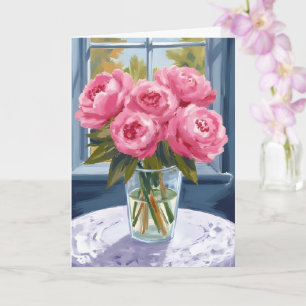 Tarjeta Ramo de Peonía Sonrojada Pintura de Flor Rosa