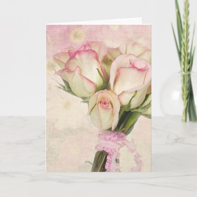 Tarjeta Ramo de rosas rosadas y marfil con cinta (Anverso)