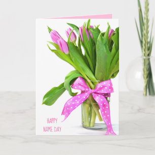 Tarjeta ramo de tulipán rosa con arco para el Día del Nomb