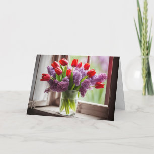 Tarjeta Ramo de tulipanes rojos y lilas de cumpleaños