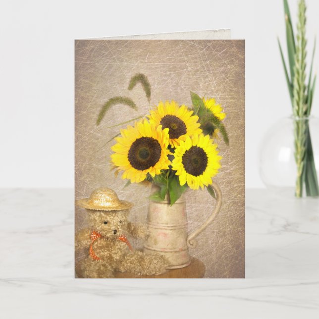 Tarjeta Ramo del girasol y oso de peluche que piensa en (Anverso)