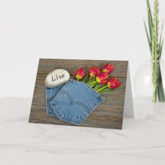 Tarjeta ramo del tulipán en bolsillo azul de la mezclilla (Anverso)