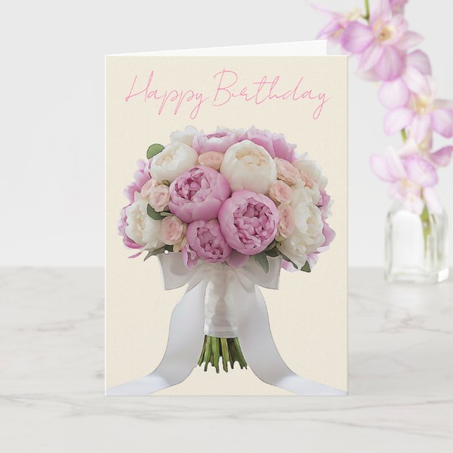 Tarjeta Ramo Elegante de Peonías Cumpleaños Texto Personal (Orquídea)