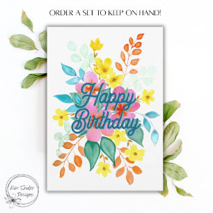 Tarjeta Ramo Floral Acuarela Colorida Feliz Cumpleaños