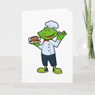 Tarjeta Rana como cocinera con plato de servicio y pollo