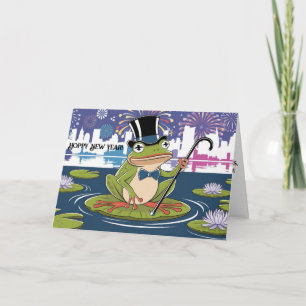 Tarjeta rana con sombrero de copa en hoja de lirio feliz a