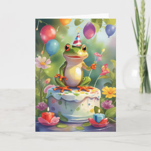 Tarjeta Rana con torta, velas y globos