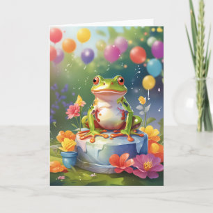 Tarjeta Rana con torta y globos