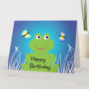 Tarjeta Rana dulce y mariposa. Feliz cumpleaños