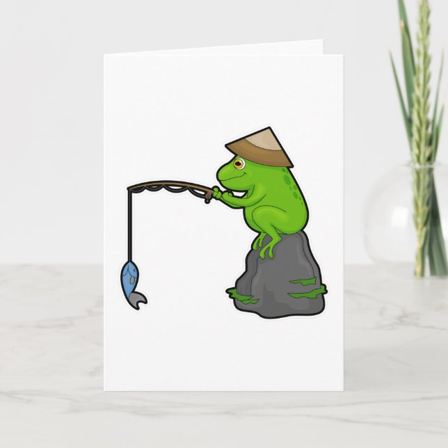 Tarjeta Rana en piedra al pescar con vara y pescado (Anverso)