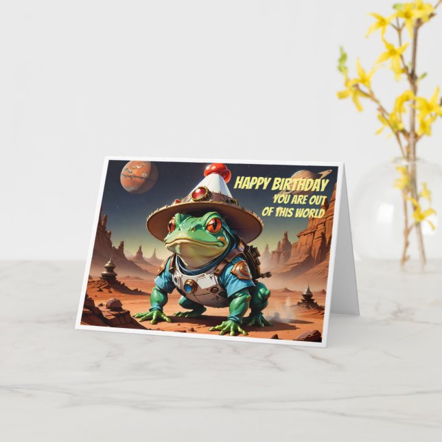 Tarjeta Rana toro con gorra de cumpleaños y espacio (flor amarilla)