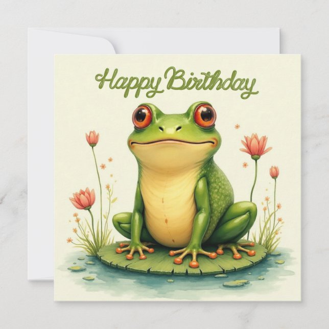 Tarjeta Rana verde feliz cumpleaños y flores (Anverso)