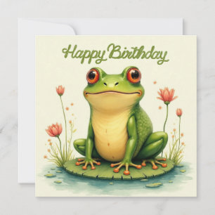 Tarjeta Rana verde feliz cumpleaños y flores