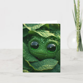 Tarjeta Rana verde linda escondida en hojas cubiertas de r