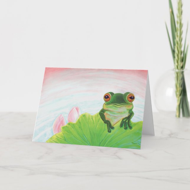 Tarjeta Rana verde relajándose en el estanque (Anverso)