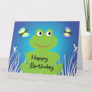 Tarjeta Rana y mariposa lindas.Cumpleaños feliz