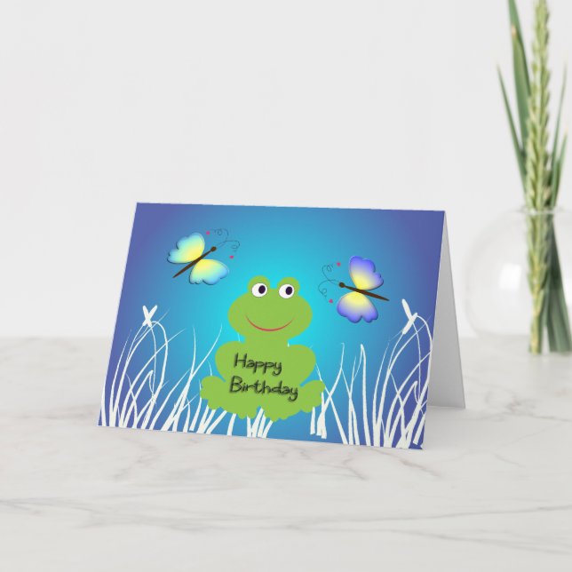 Tarjeta Rana y mariposa lindas. Feliz cumpleaños (Anverso)