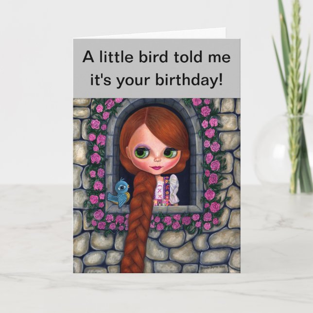 Tarjeta Rapunzel Big Eyes Chica Doll Cute Redhead Bluebird (Anverso)