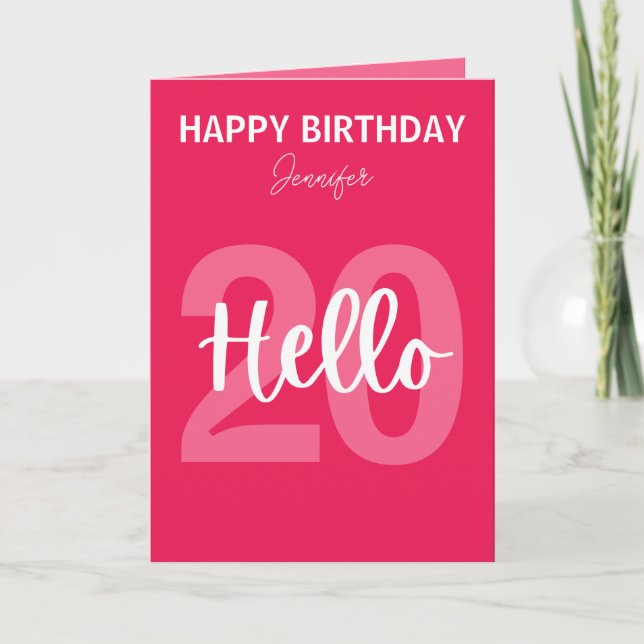 Tarjeta Raspberry Pink Hello 20 Cumpleaños Personalizado (Anverso)