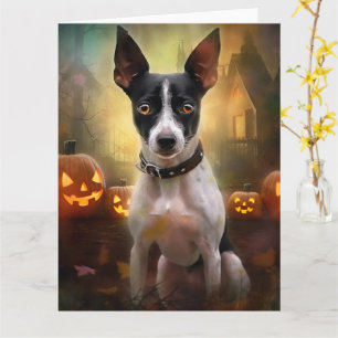 Tarjeta Rat Terrier de Halloween con calabazas asustadas