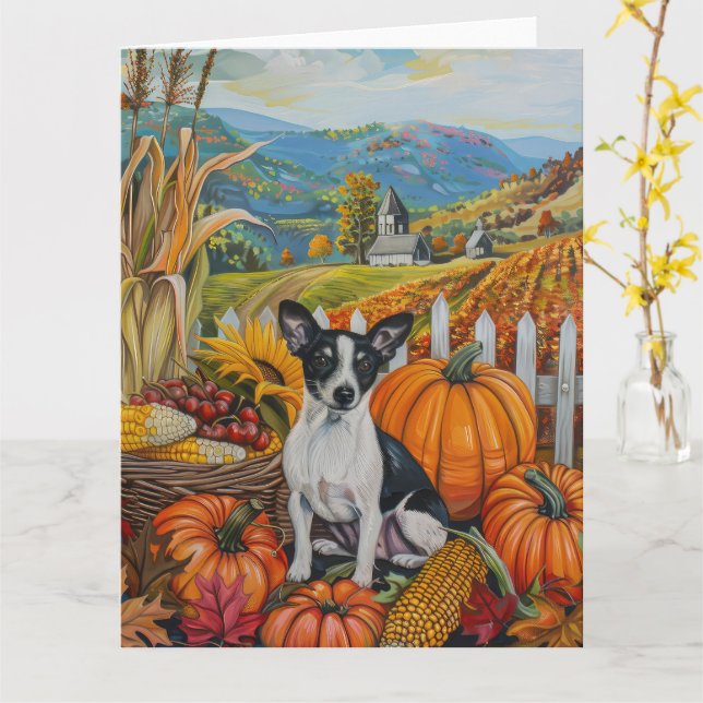 Tarjeta Rat Terrier Dog Otumn Harvest Acción de Gracias (flor amarilla)