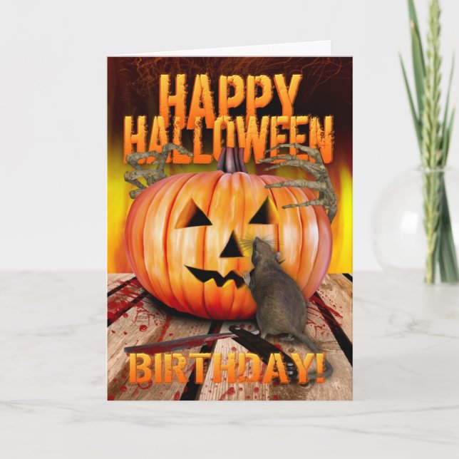 Tarjeta Rata de calabaza de Halloween de cumpleaños, manos (Anverso)