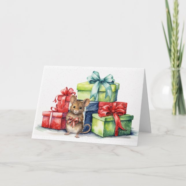 Tarjeta Ratón acuarela con regalos para Navidades (Anverso)