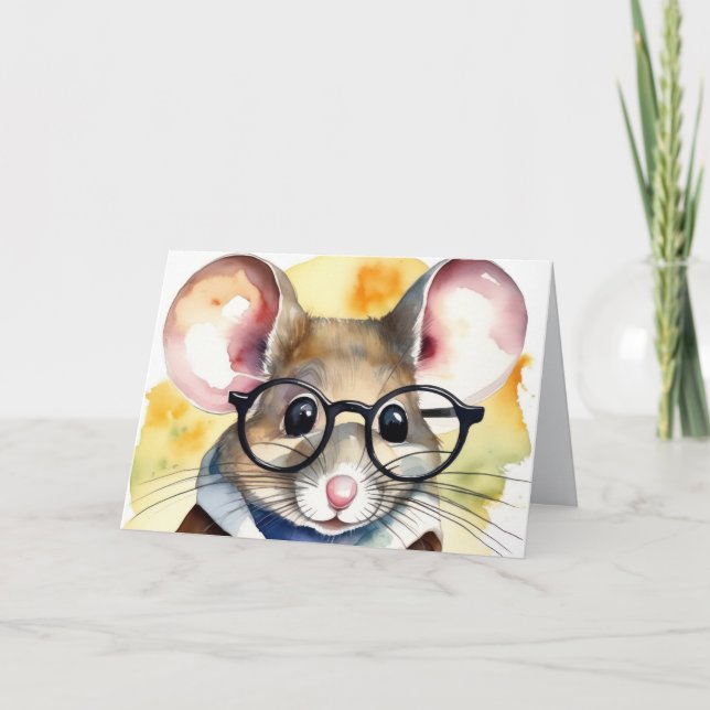 Tarjeta Ratón acuarela de cumpleaños con gafas (Anverso)