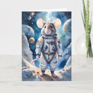 Tarjeta Ratón Adorable en Traje de Astronauta en el Espaci
