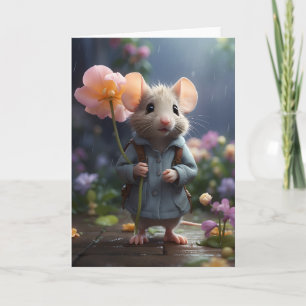 Tarjeta Ratón Adorable Ilustración de Flor Grande en Blanc