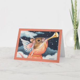 Tarjeta Ratón Ángel de Navidad y Trompeta Arte Acuarela