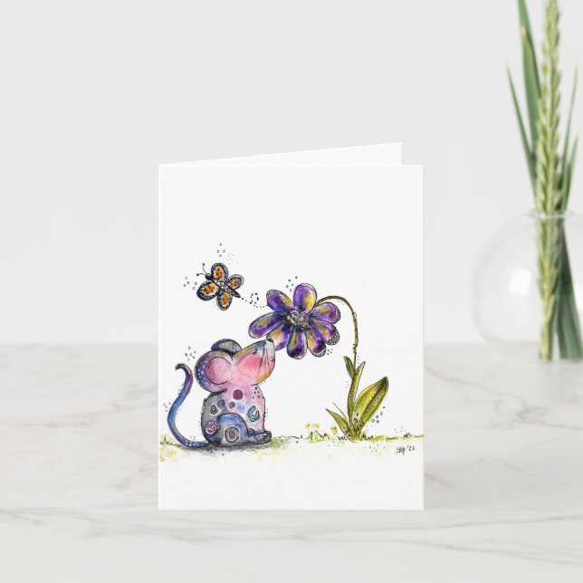 Tarjeta Ratón caprichoso y flor (Anverso)