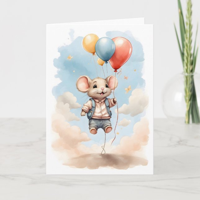 Tarjeta Ratón de Acuarela Adorable Flotando con Globos en  (Anverso)