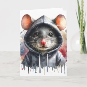 Tarjeta Ratón de acuarela con sudadera gris arte de salpic