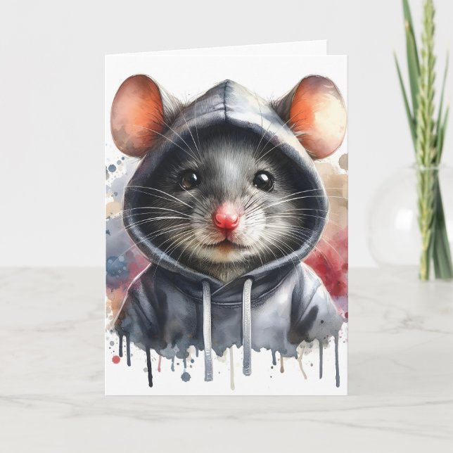Tarjeta Ratón de acuarela con sudadera gris arte de salpic (Anverso)