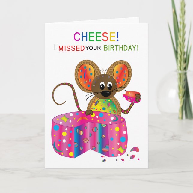 Tarjeta Ratón de Cumpleaños Amorado comiendo queso (Anverso)