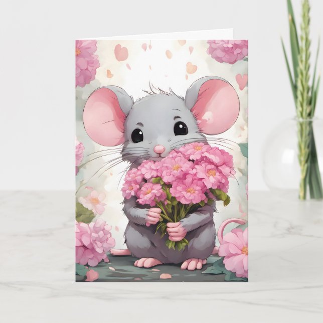 Tarjeta Ratón de cumpleaños con flores rosas (Anverso)