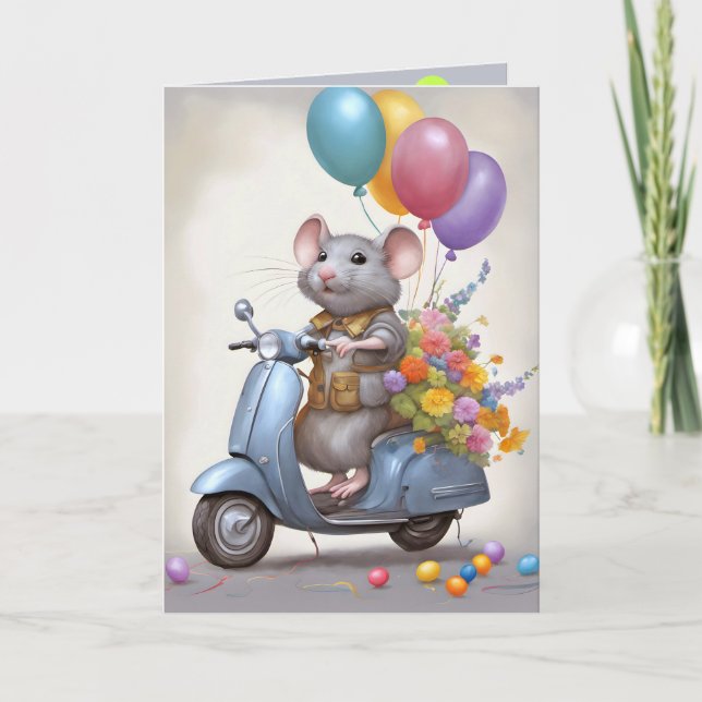 Tarjeta Ratón de cumpleaños en un Scooter (Anverso)