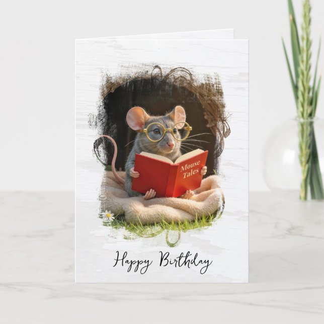 Tarjeta Ratón de cumpleaños leyendo un libro (Anverso)