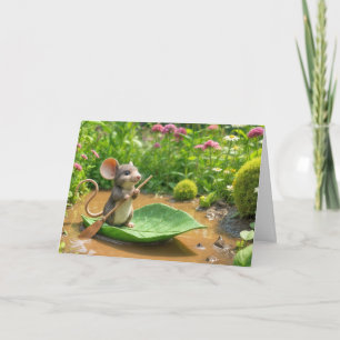 Tarjeta Ratón de cumpleaños raspando un bote de hojas verd