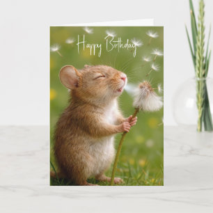 Tarjeta Ratón de cumpleaños soplando plántulas de diente d