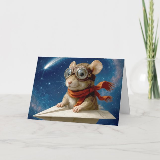 Tarjeta Ratón de cumpleaños volando en avión de papel (Anverso)