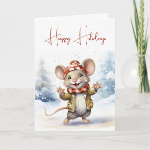 Tarjeta Ratón de Navidad Adorable en Copos de Nieve