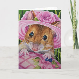 Tarjeta Ratón en Bonete Encuentra Huevo Rosa Arte Acuarela