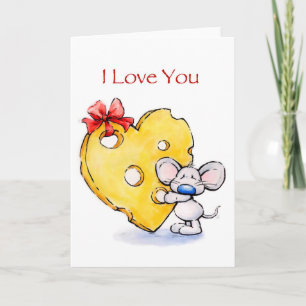Tarjeta Ratón lindo con queso de corazón enorme, te quiero