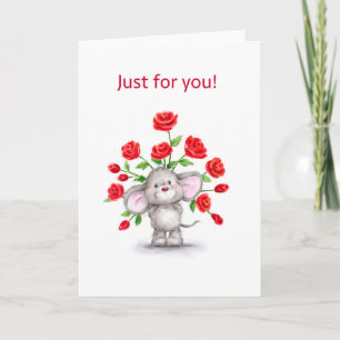 Tarjeta Ratón lindo con rosas rojas, solo para ti
