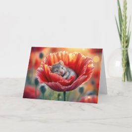 Tarjeta Ratón lindo de cumpleaños durmiendo en una amapola