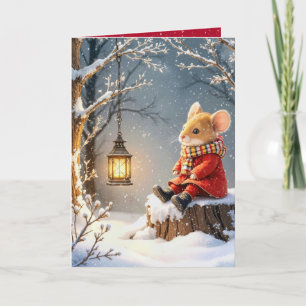Tarjeta Ratón navidad y linterna forestal en copos de niev